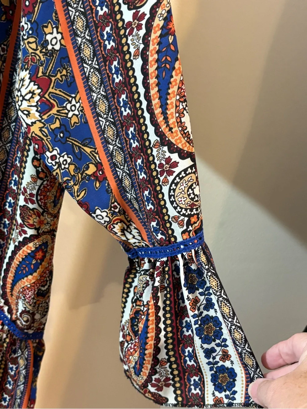 Living Doll blouse bohemian peasant women’s 1X blue paisley ruffle bell‎ sleeves